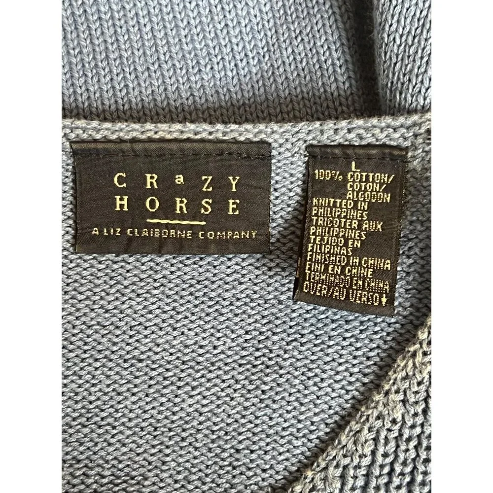 Crazy Horse By Liz Claiborne Sweater Large Blue V-Neck Knit Ribbed Cotton NWOT